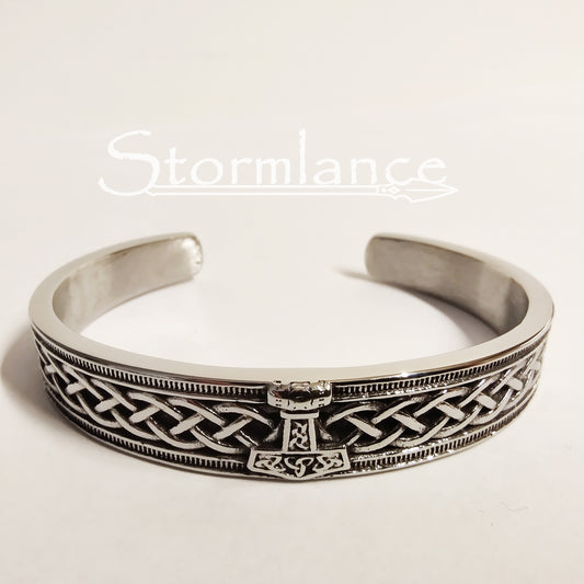 Mjolnir Scandinavian Pattern Bracelet in Silver color on a white background