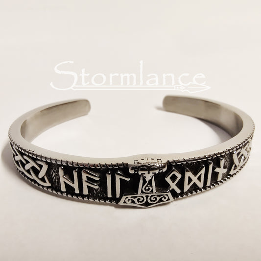 Mjolnir With Elder Futhark Runes Bracelet in Silver color on a white background