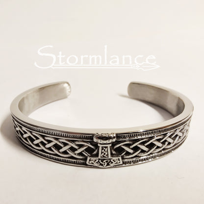 Mjolnir Scandinavian Pattern Bracelet in Silver color on a white background