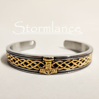 Mjolnir Scandinavian Pattern Bracelet in gold and silver color on a white background