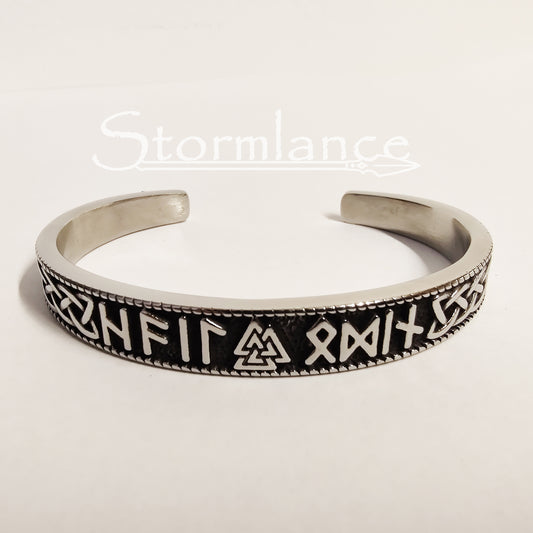 Valknut With Elder Futhark Runes Bracelet in Silver color on a white background