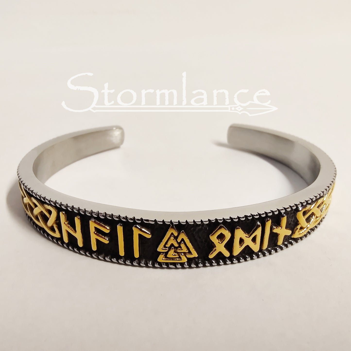 Mjolnir With Elder Futhark Runes Bracelet in Silver and gold color on a white background