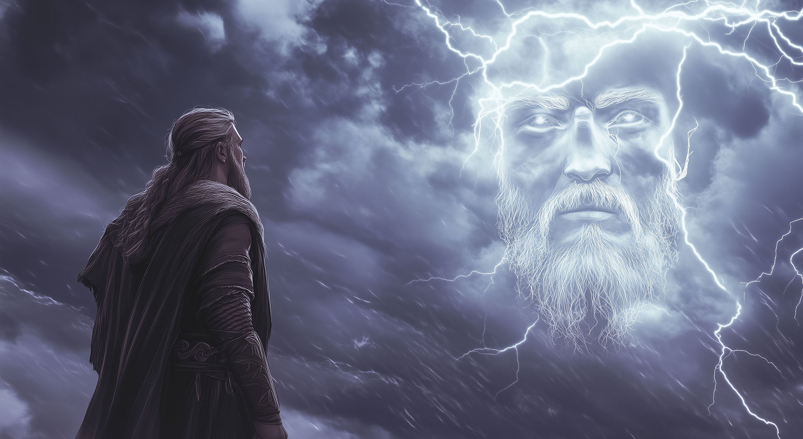 viking warrior seeing a glimpse of Thor in the sky